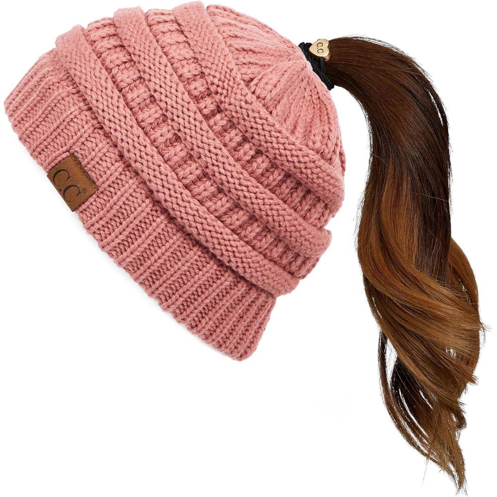 imageCC Exclusives Soft Stretch Cable Knit Messy Bun Ponytail Beanie Winter Hat for Women MB20AMauve