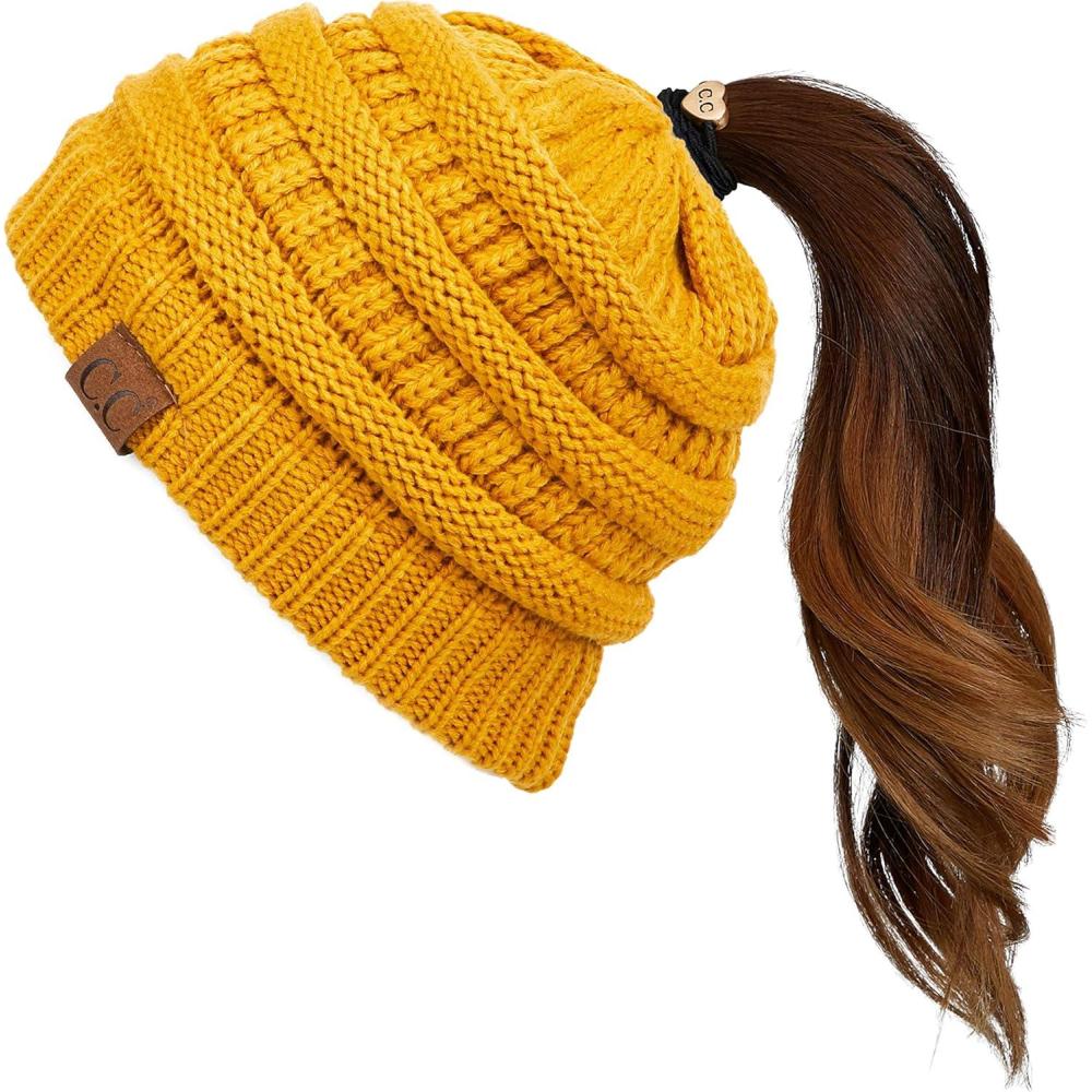 imageCC Exclusives Soft Stretch Cable Knit Messy Bun Ponytail Beanie Winter Hat for Women MB20AMustard