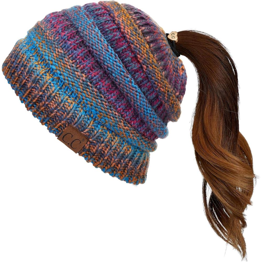 imageCC Exclusives Soft Stretch Cable Knit Messy Bun Ponytail Beanie Winter Hat for Women MB20AMustard Mix