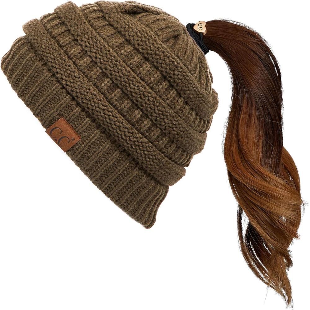 imageCC Exclusives Soft Stretch Cable Knit Messy Bun Ponytail Beanie Winter Hat for Women MB20ANewolive