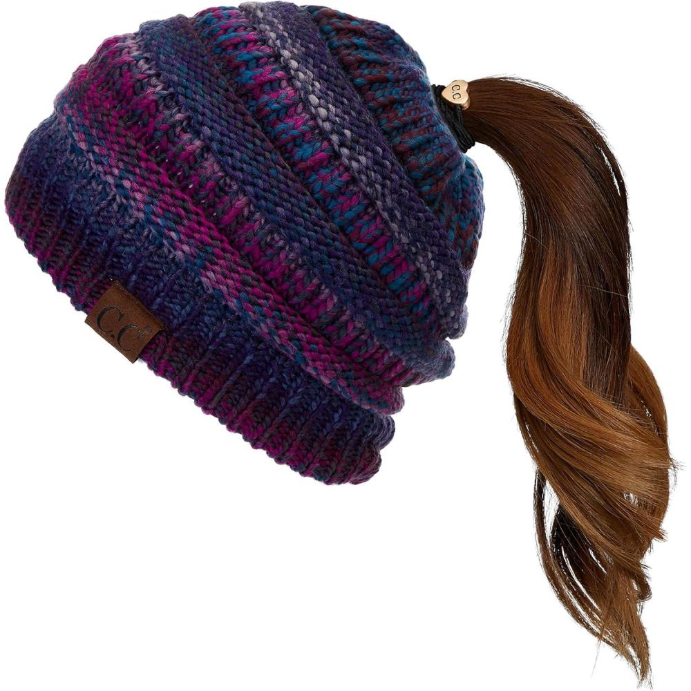 imageCC Exclusives Soft Stretch Cable Knit Messy Bun Ponytail Beanie Winter Hat for Women MB20APurple Mix
