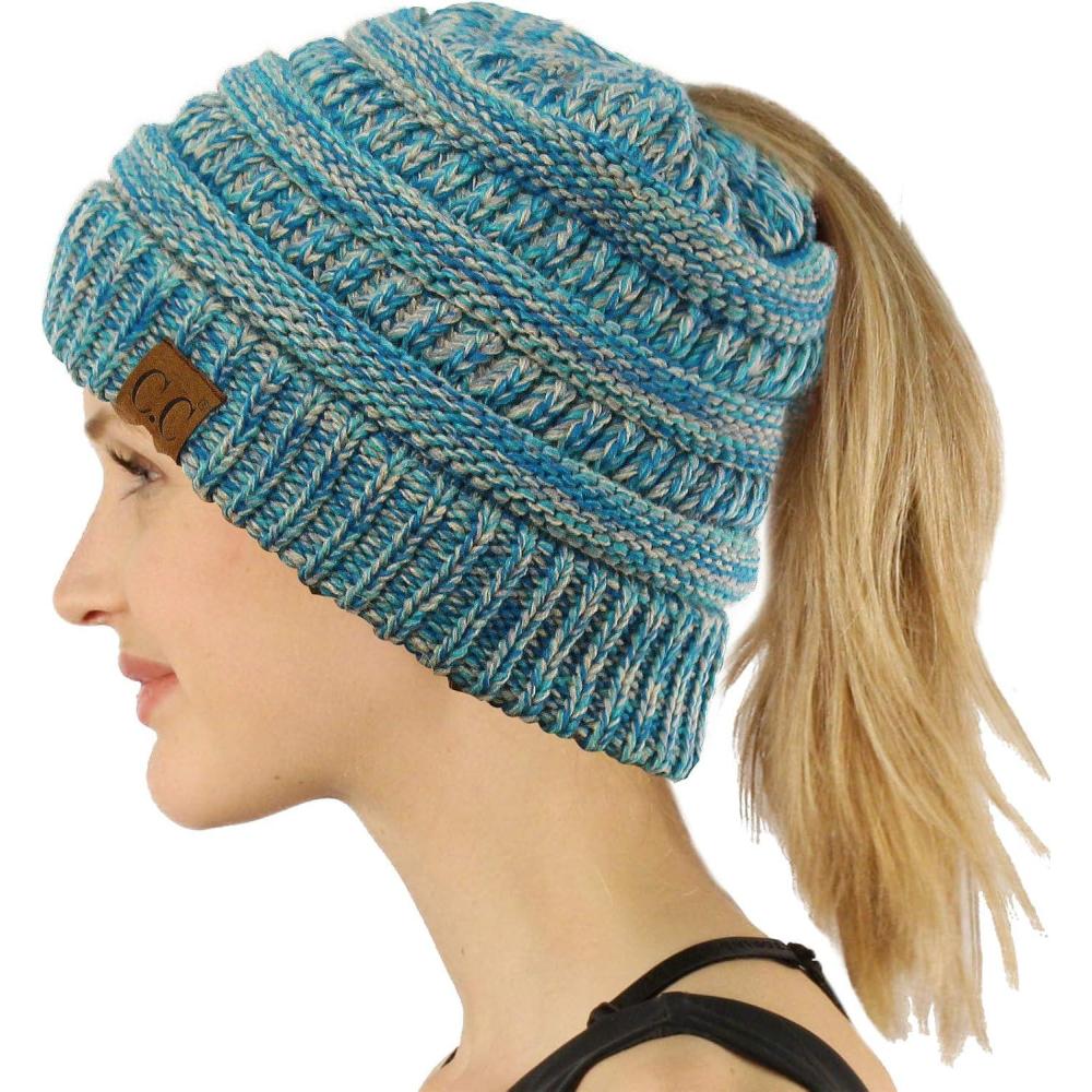 imageCC Exclusives Soft Stretch Cable Knit Messy Bun Ponytail Beanie Winter Hat for Women MB20AQuad Blue