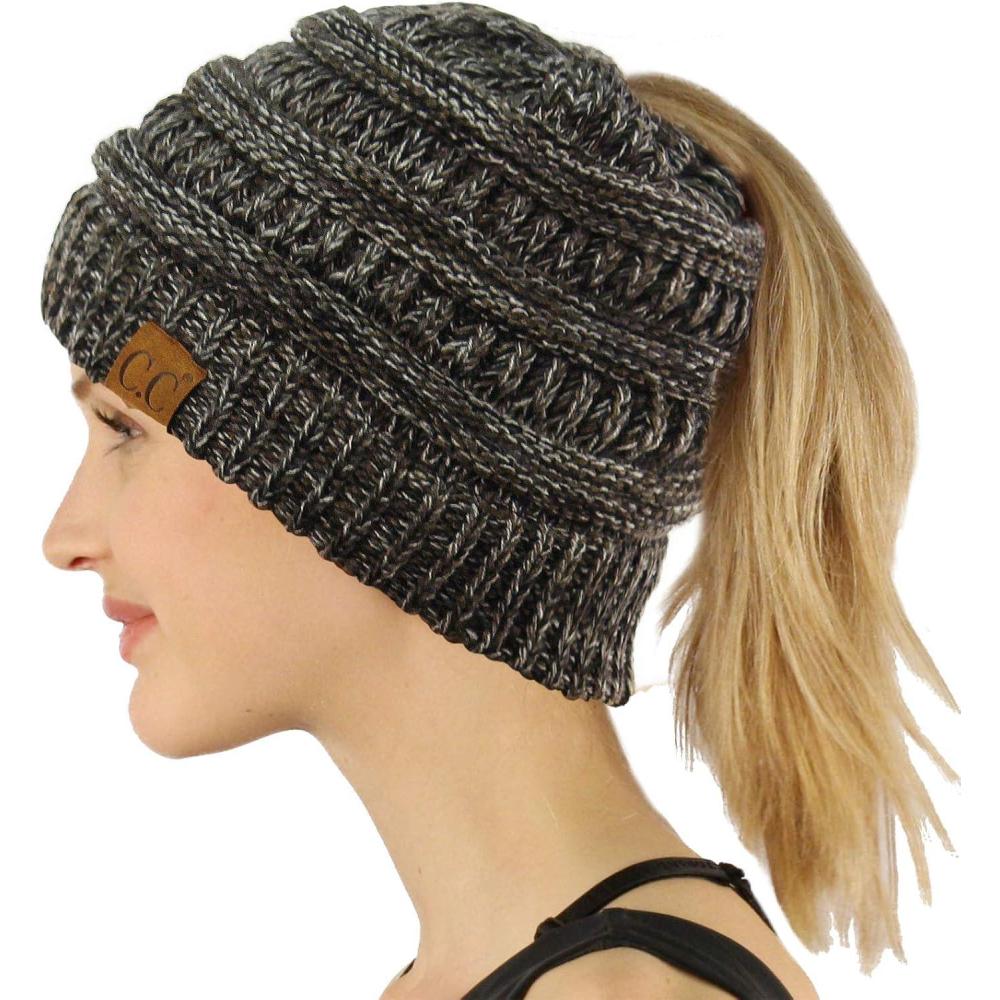 imageCC Exclusives Soft Stretch Cable Knit Messy Bun Ponytail Beanie Winter Hat for Women MB20AQuad Gray