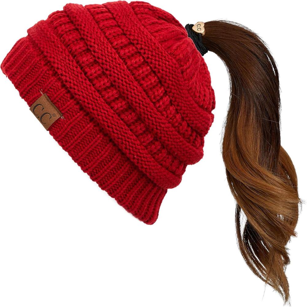 imageCC Exclusives Soft Stretch Cable Knit Messy Bun Ponytail Beanie Winter Hat for Women MB20ARed