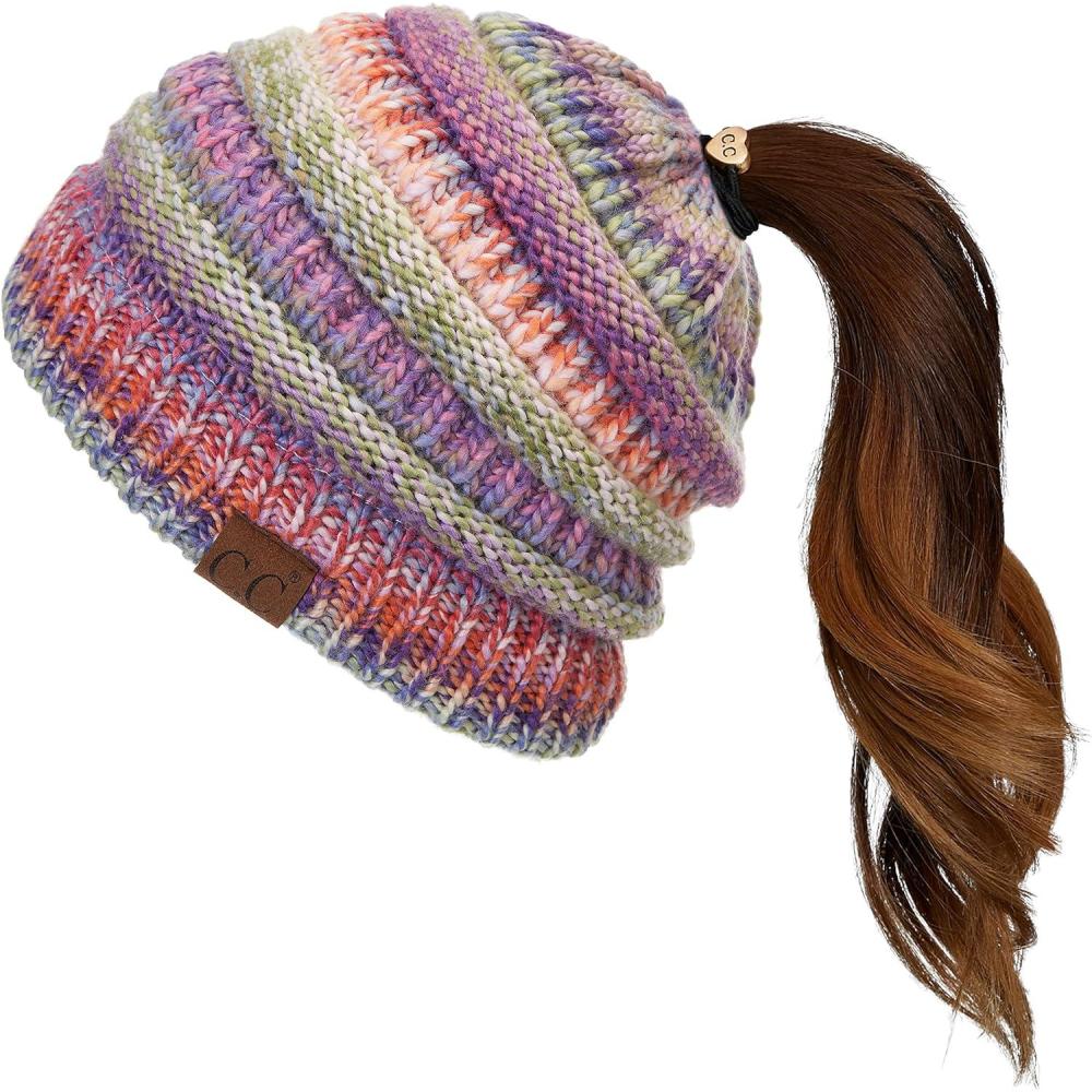 imageCC Exclusives Soft Stretch Cable Knit Messy Bun Ponytail Beanie Winter Hat for Women MB20ARose Mix