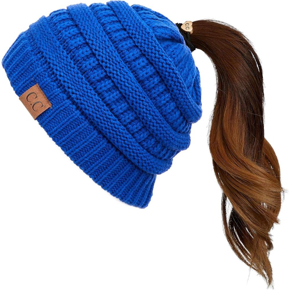 imageCC Exclusives Soft Stretch Cable Knit Messy Bun Ponytail Beanie Winter Hat for Women MB20ARoyal