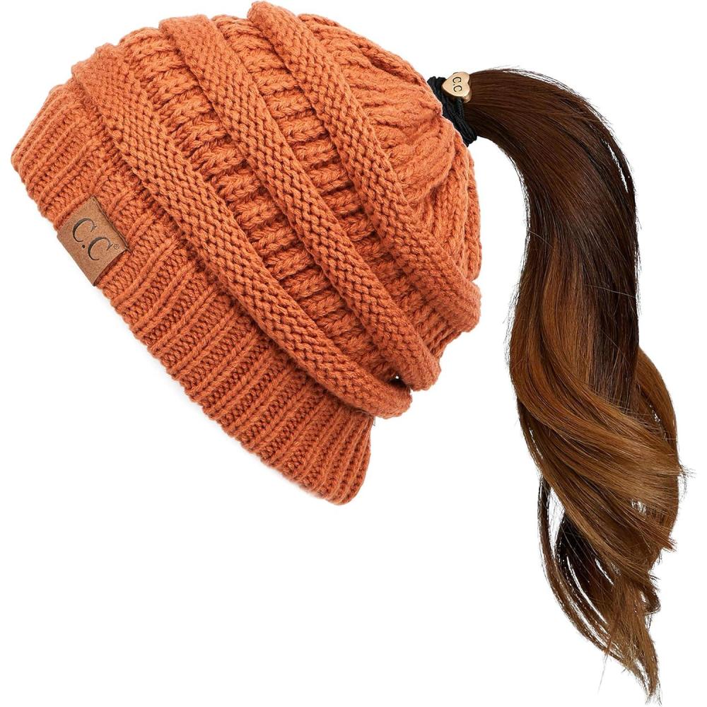 imageCC Exclusives Soft Stretch Cable Knit Messy Bun Ponytail Beanie Winter Hat for Women MB20ARust
