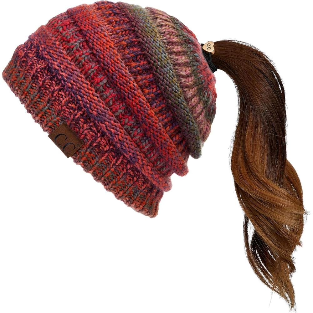 imageCC Exclusives Soft Stretch Cable Knit Messy Bun Ponytail Beanie Winter Hat for Women MB20ARust Mix