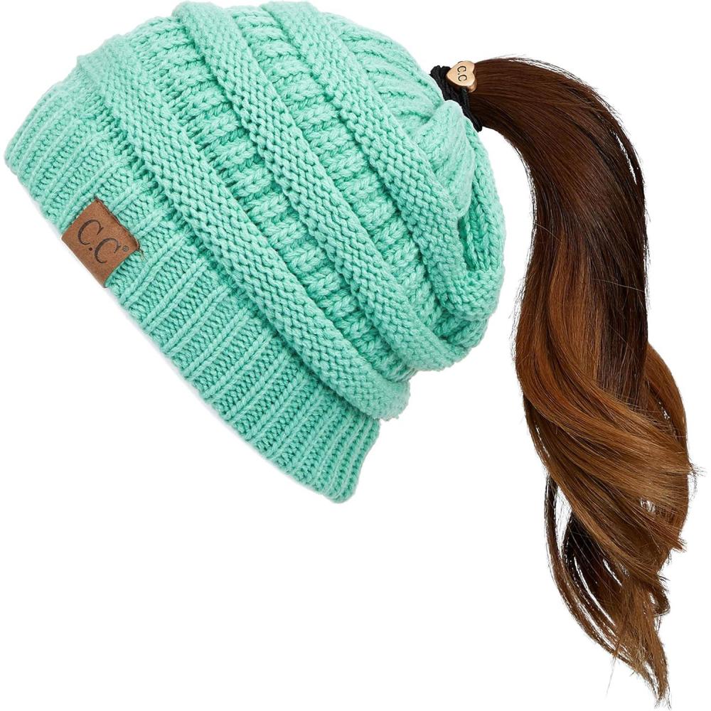 imageCC Exclusives Soft Stretch Cable Knit Messy Bun Ponytail Beanie Winter Hat for Women MB20ASage