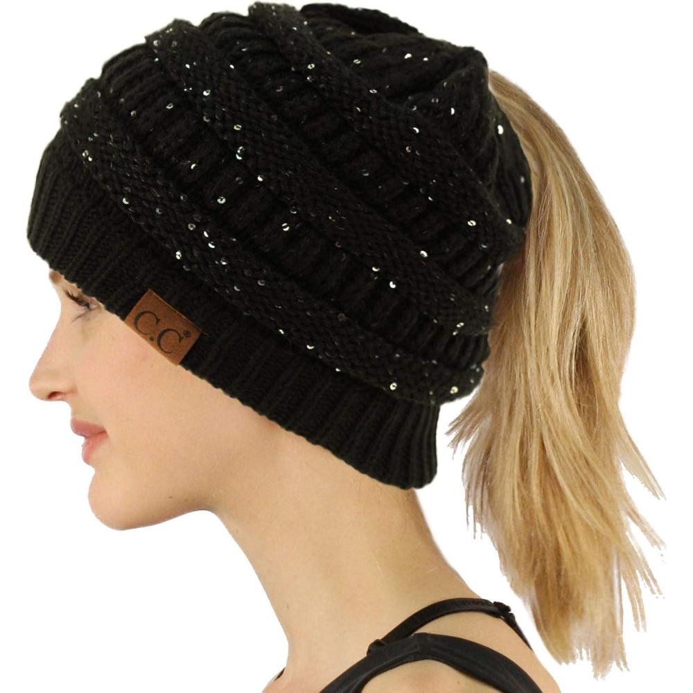 imageCC Exclusives Soft Stretch Cable Knit Messy Bun Ponytail Beanie Winter Hat for Women MB20ASequins Black