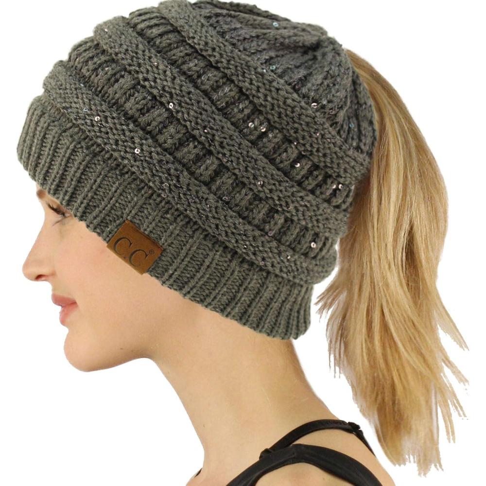 imageCC Exclusives Soft Stretch Cable Knit Messy Bun Ponytail Beanie Winter Hat for Women MB20ASequins Dk Melange Gray