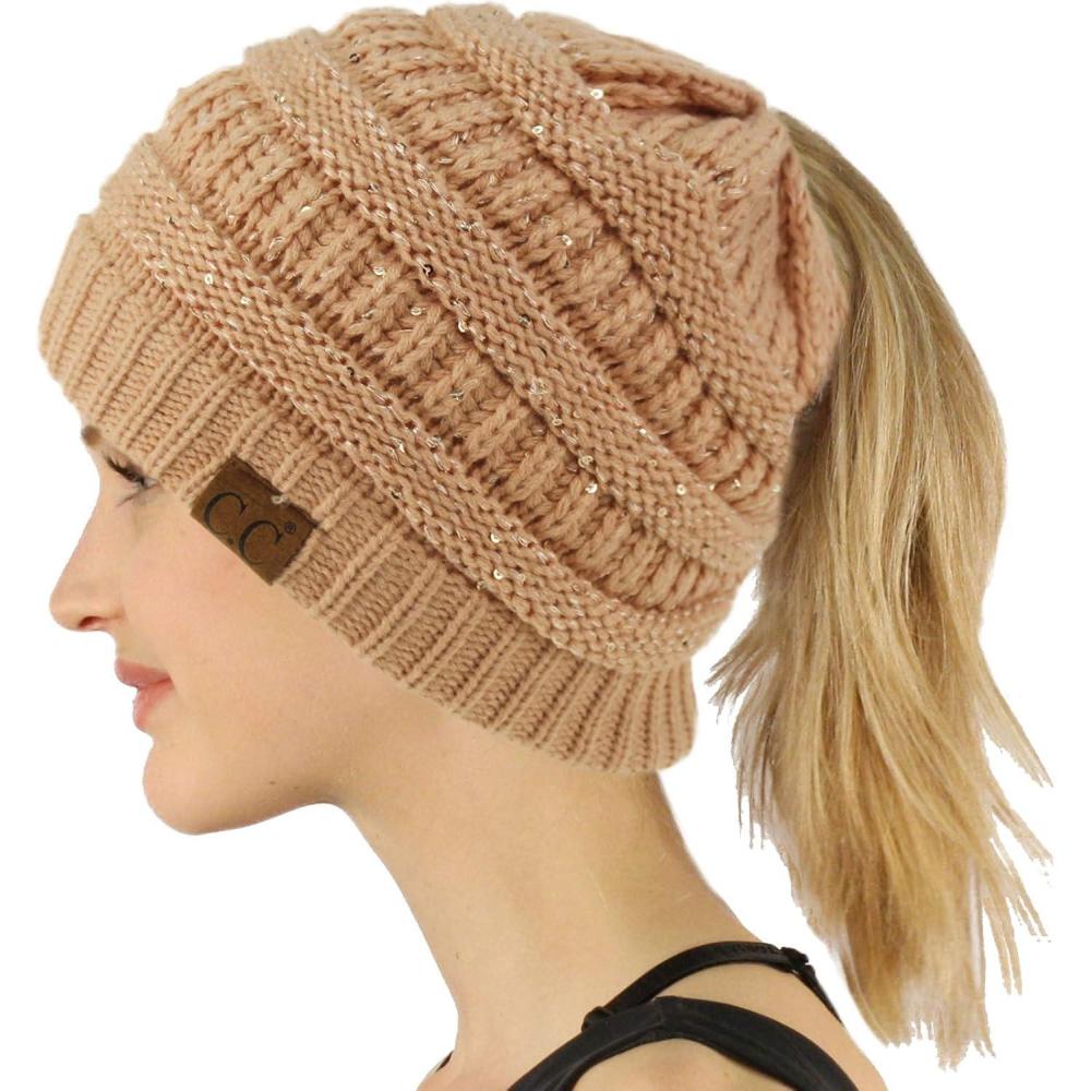 imageCC Exclusives Soft Stretch Cable Knit Messy Bun Ponytail Beanie Winter Hat for Women MB20ASequins Indi Pink