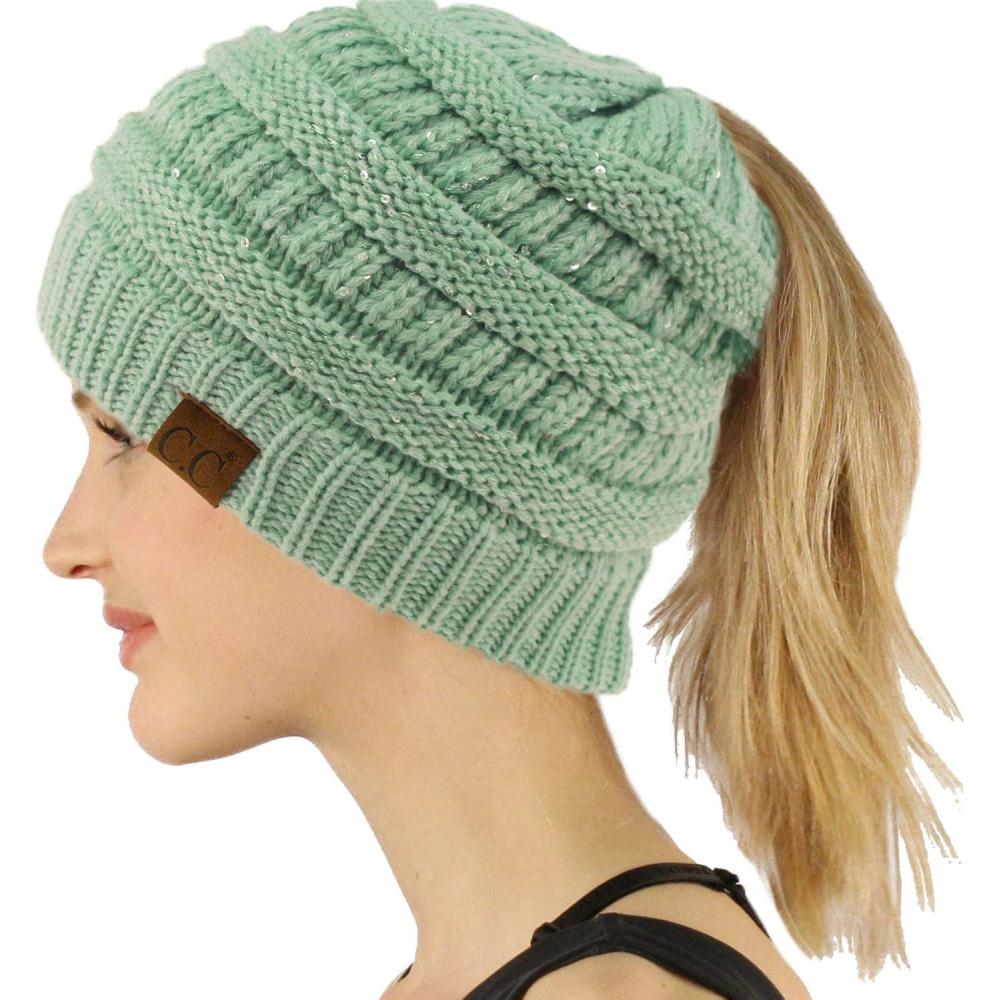 imageCC Exclusives Soft Stretch Cable Knit Messy Bun Ponytail Beanie Winter Hat for Women MB20ASequins Mint