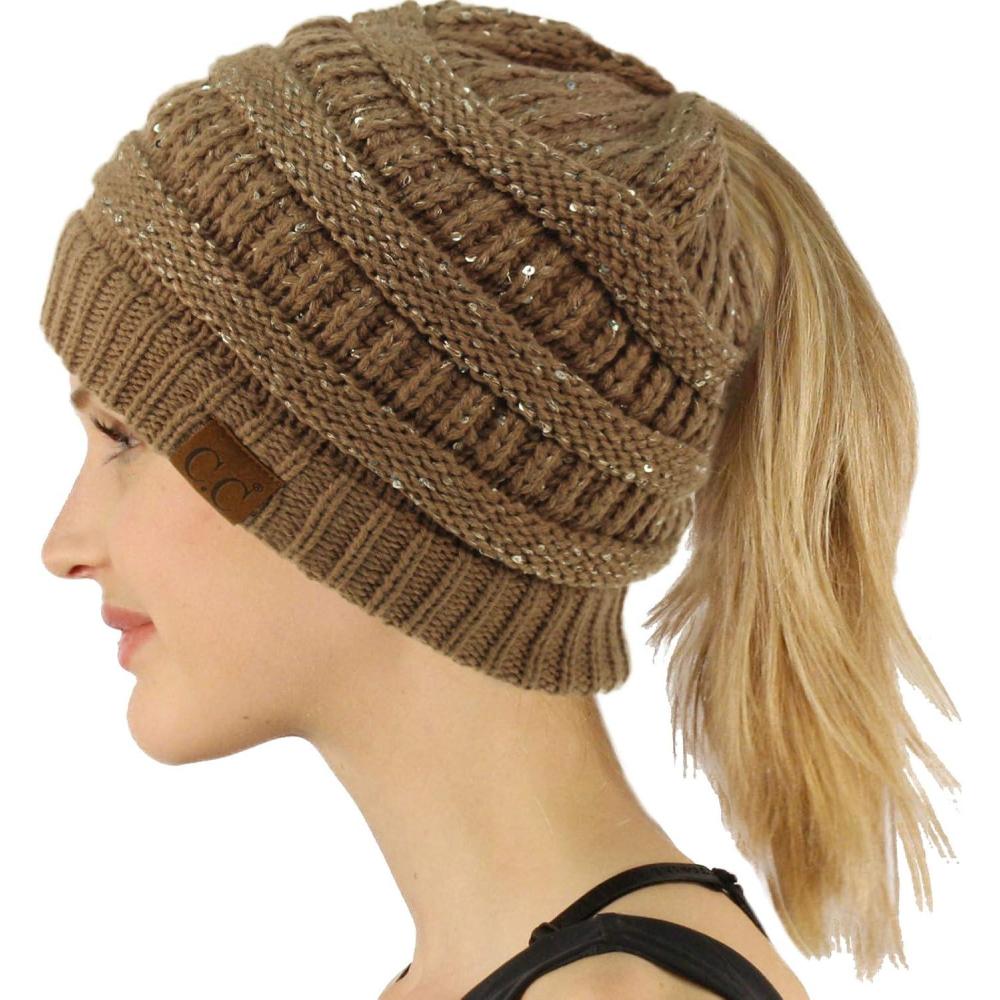 imageCC Exclusives Soft Stretch Cable Knit Messy Bun Ponytail Beanie Winter Hat for Women MB20ASequins Taupe