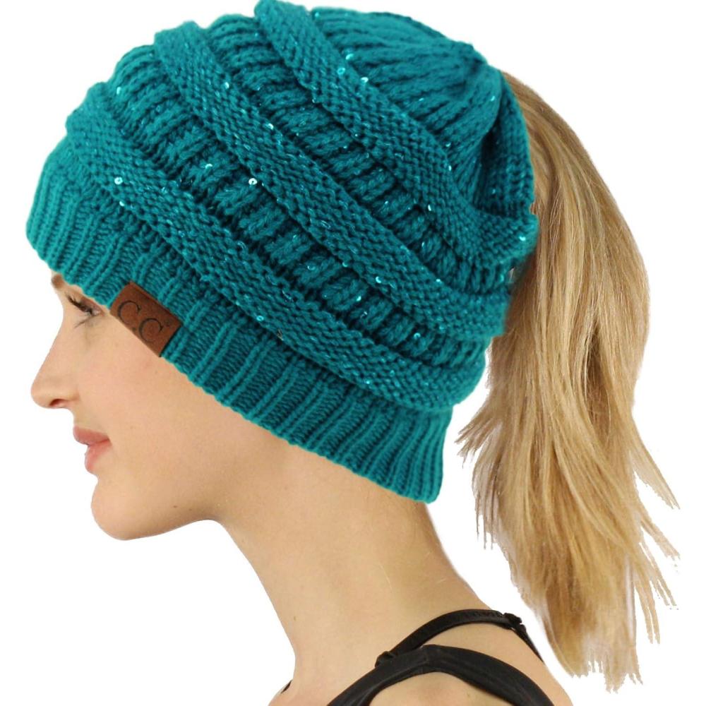 imageCC Exclusives Soft Stretch Cable Knit Messy Bun Ponytail Beanie Winter Hat for Women MB20ASequins Teal