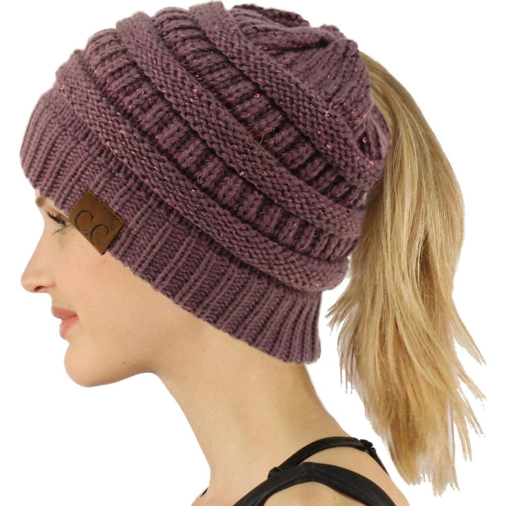 imageCC Exclusives Soft Stretch Cable Knit Messy Bun Ponytail Beanie Winter Hat for Women MB20ASequins Violet