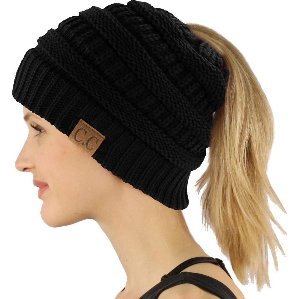 imageCC Exclusives Soft Stretch Cable Knit Messy Bun Ponytail Beanie Winter Hat for Women MB20ASolid Black