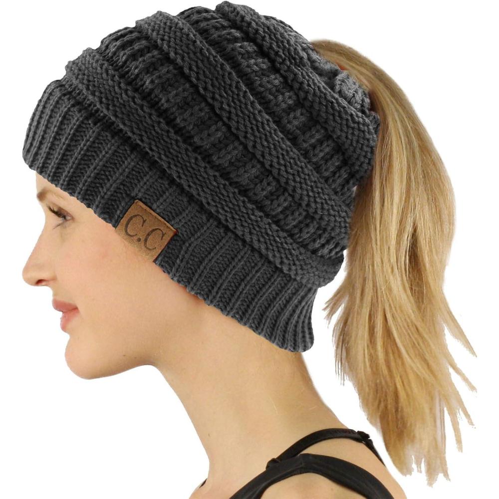 imageCC Exclusives Soft Stretch Cable Knit Messy Bun Ponytail Beanie Winter Hat for Women MB20ASolid Dk Melange Gray