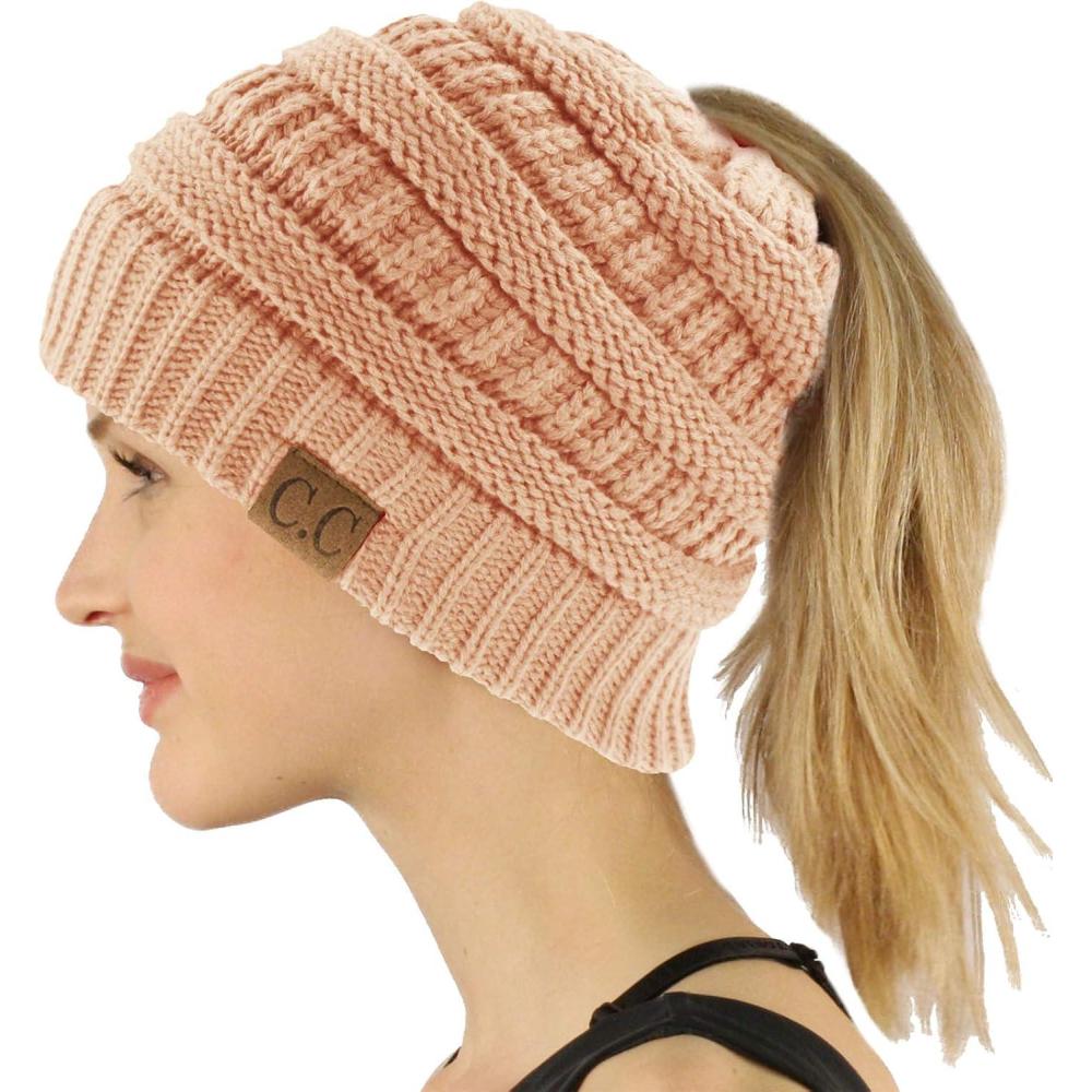 imageCC Exclusives Soft Stretch Cable Knit Messy Bun Ponytail Beanie Winter Hat for Women MB20ASolid Indi Pink