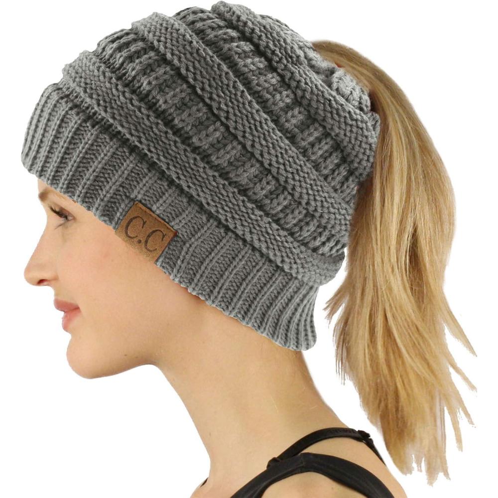 imageCC Exclusives Soft Stretch Cable Knit Messy Bun Ponytail Beanie Winter Hat for Women MB20ASolid Lt Melange Gray