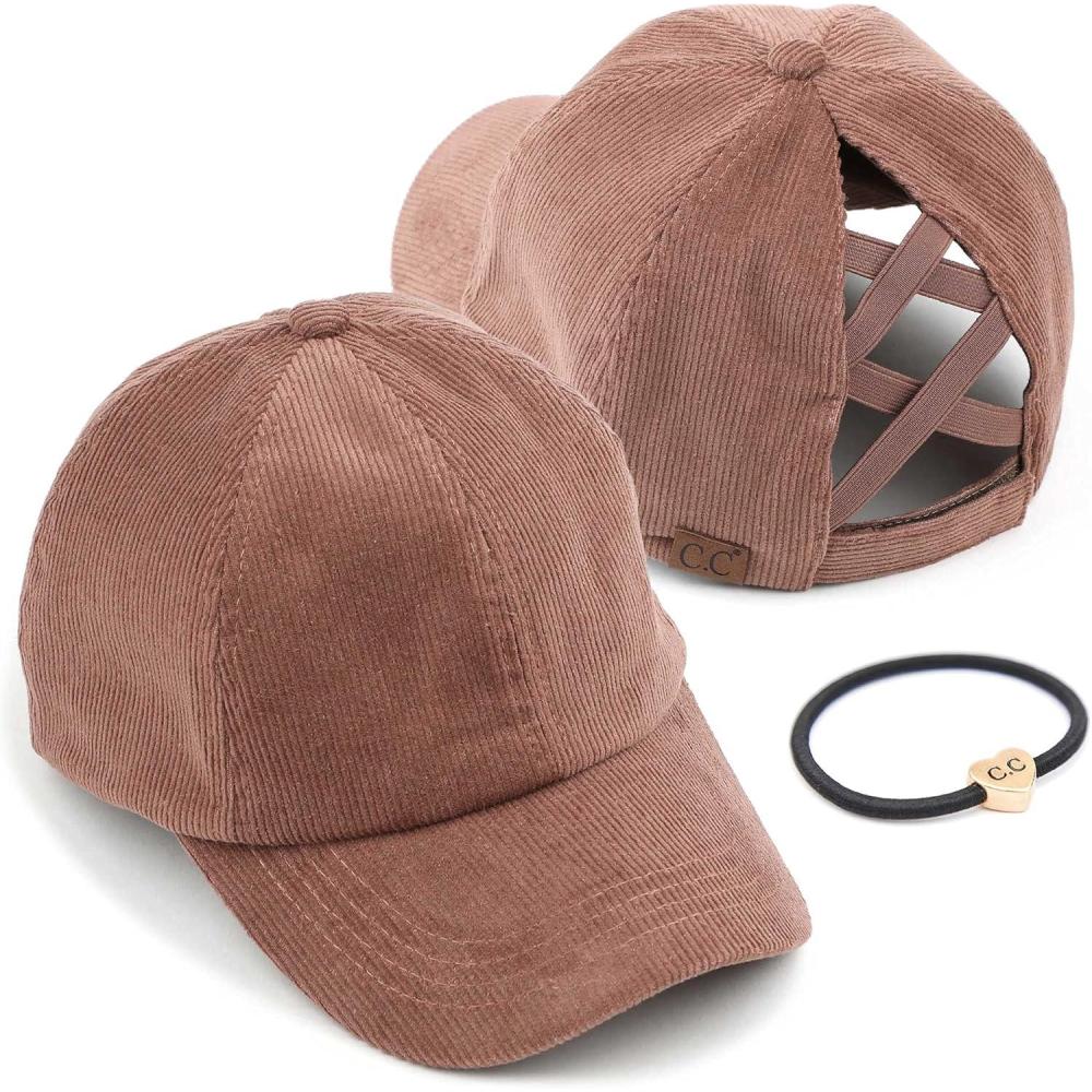 imageCC Exclusives Stone Washed Corduroy CrissCross Ponytail Baseball Cap for Women Adjustable High Bun HatTaupe