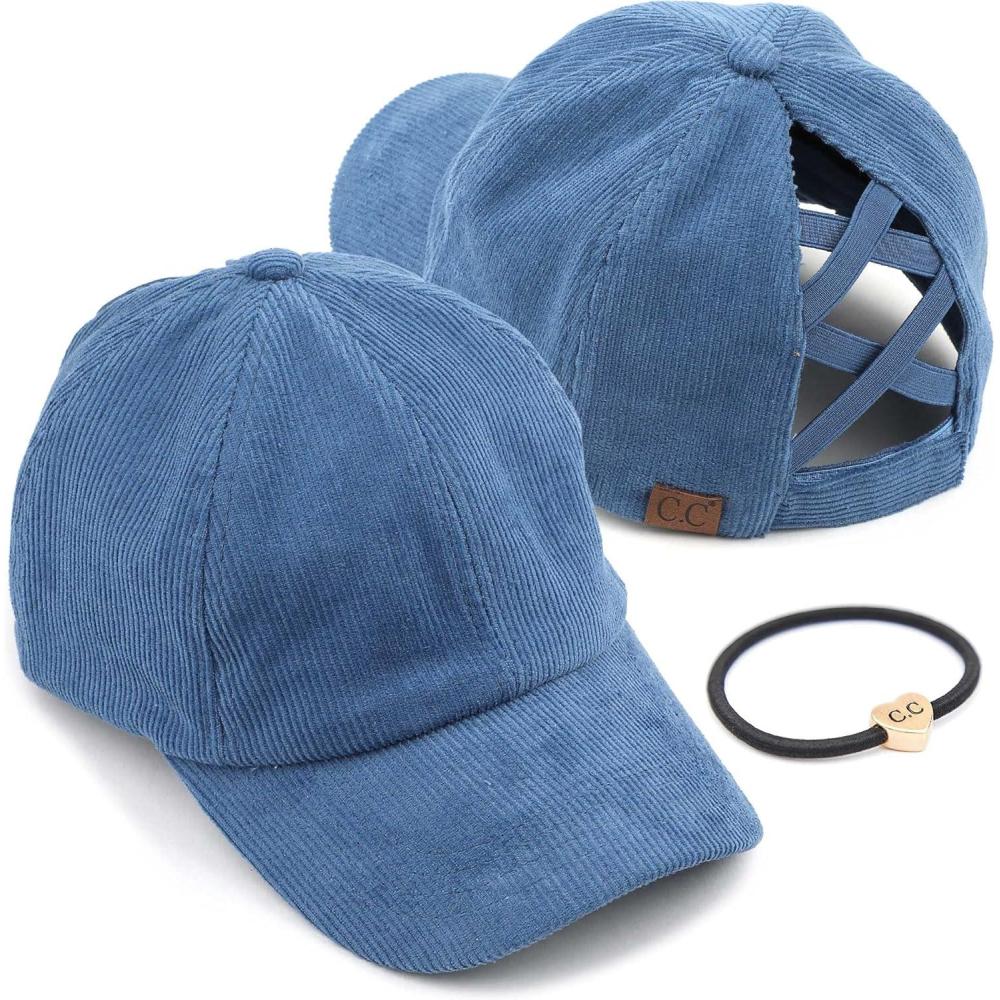 imageCC Exclusives Stone Washed Corduroy CrissCross Ponytail Baseball Cap for Women Adjustable High Bun HatTeal
