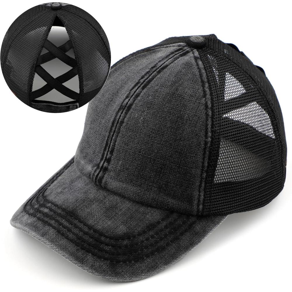 imageCC Exclusives Washed Distressed Cotton Denim CrissCross Ponytail Hat Baseball Cap BT1009Black