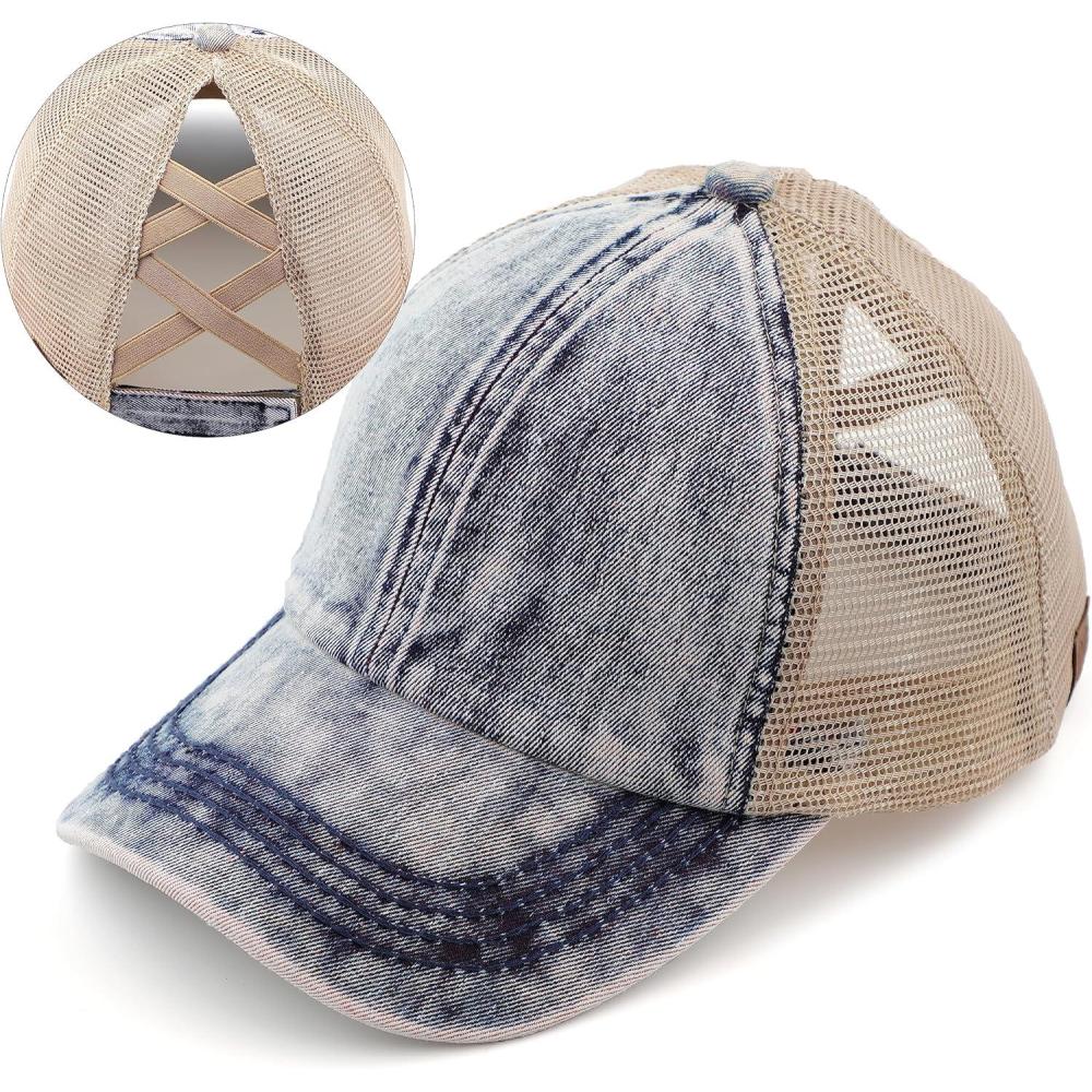 imageCC Exclusives Washed Distressed Cotton Denim CrissCross Ponytail Hat Baseball Cap BT1009Denim
