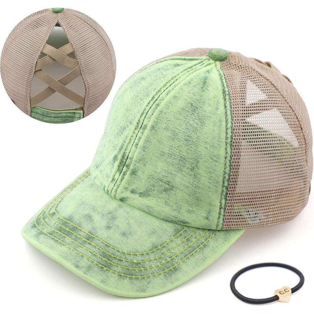 imageCC Exclusives Washed Distressed Cotton Denim CrissCross Ponytail Hat Baseball Cap BT1009Lime