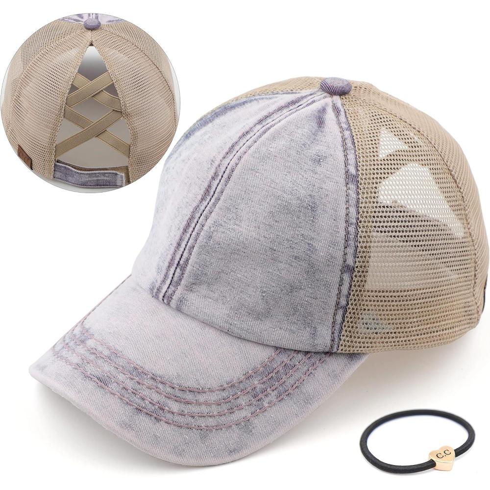 imageCC Exclusives Washed Distressed Cotton Denim CrissCross Ponytail Hat Baseball Cap BT1009Purple