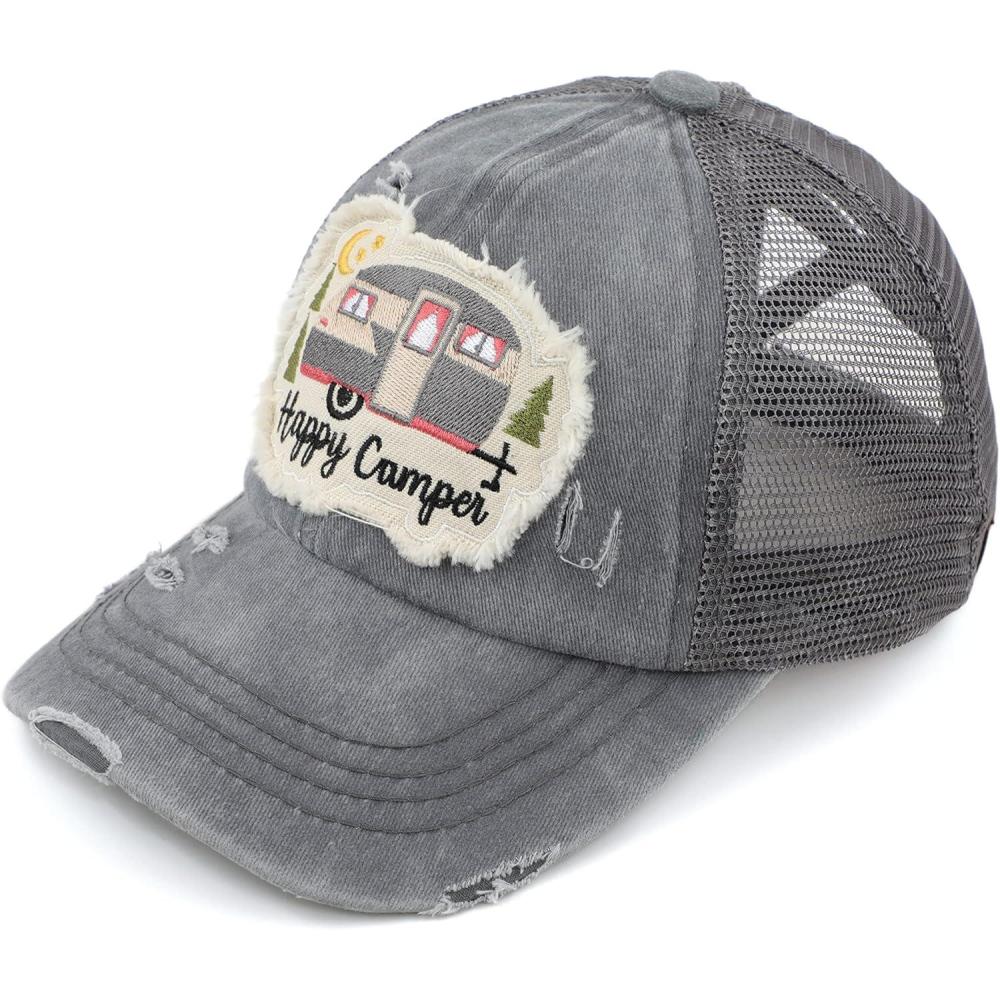 imageCC Exclusives Washed Distressed Embroidered Patch Cotton Denim CrissCross Ponytail Hat Adjustable Baseball CapHappy Camper  Grey