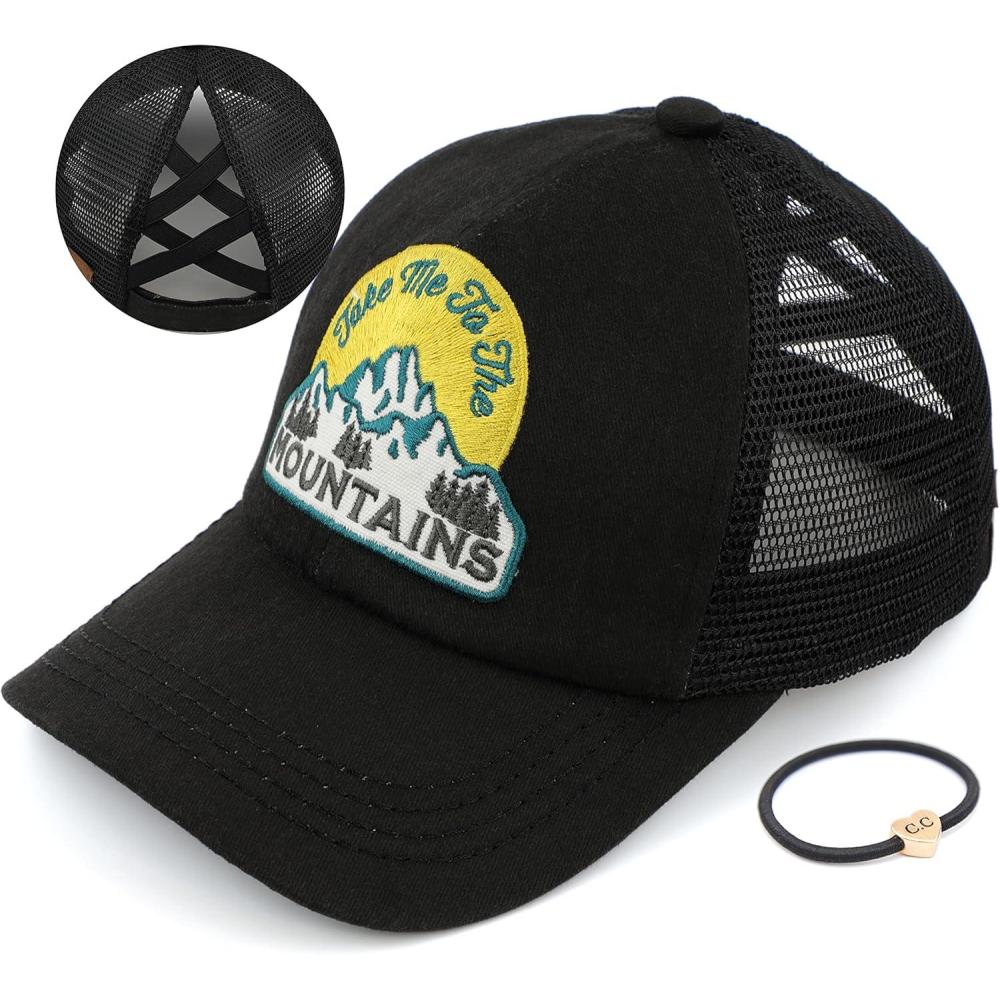 imageCC Exclusives Washed Distressed Embroidered Patch Cotton Denim CrissCross Ponytail Hat Adjustable Baseball CapMountains  Black