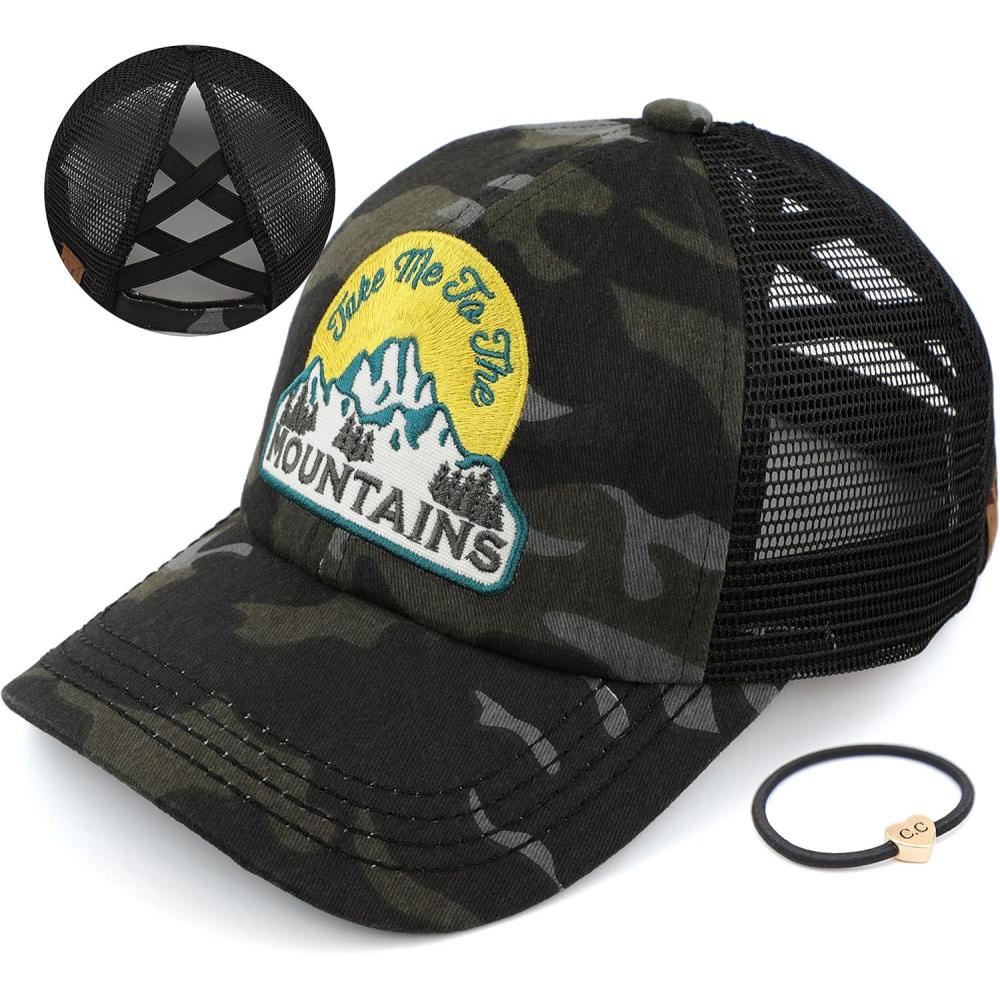 imageCC Exclusives Washed Distressed Embroidered Patch Cotton Denim CrissCross Ponytail Hat Adjustable Baseball CapMountains  Black Camo