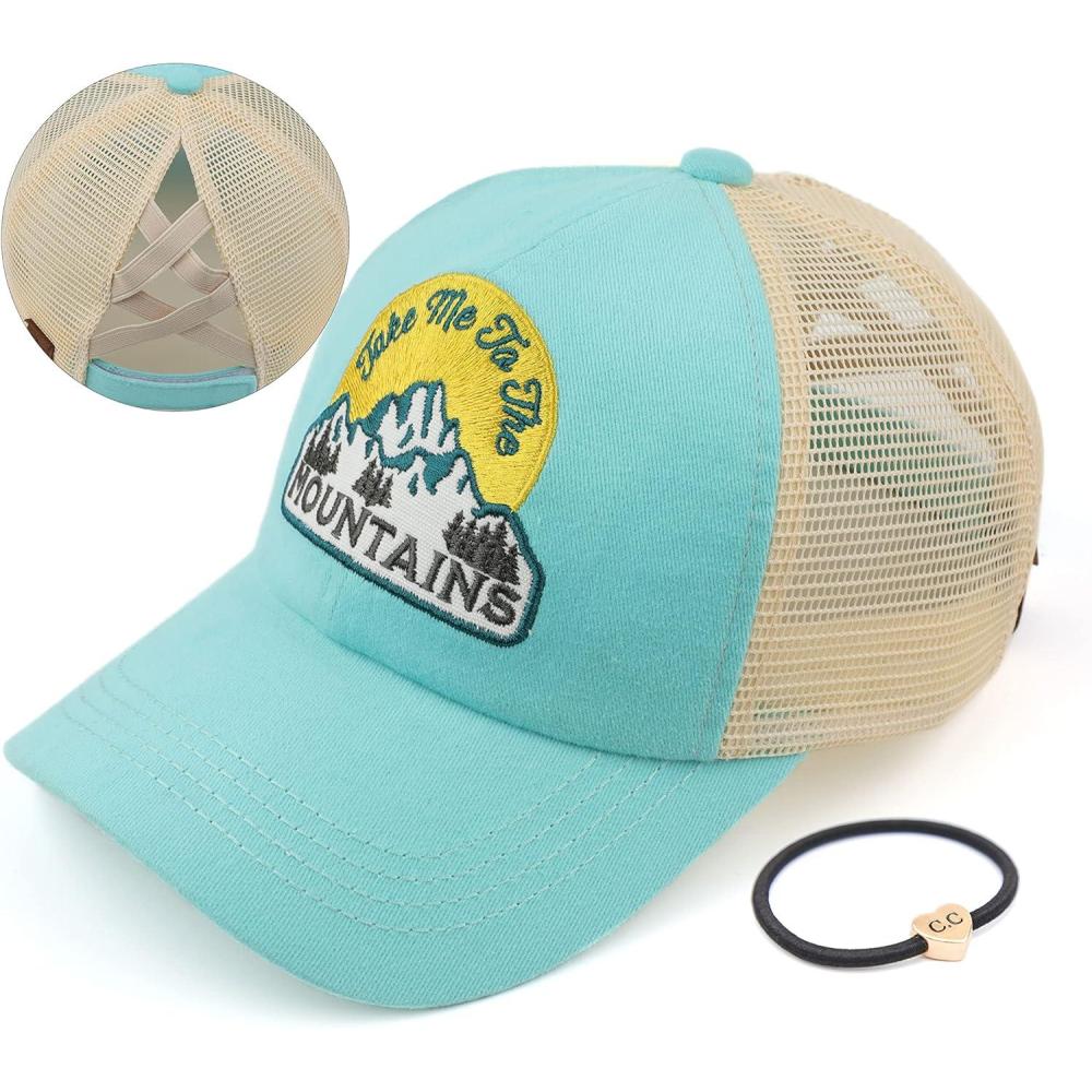 imageCC Exclusives Washed Distressed Embroidered Patch Cotton Denim CrissCross Ponytail Hat Adjustable Baseball CapMountains  Mint