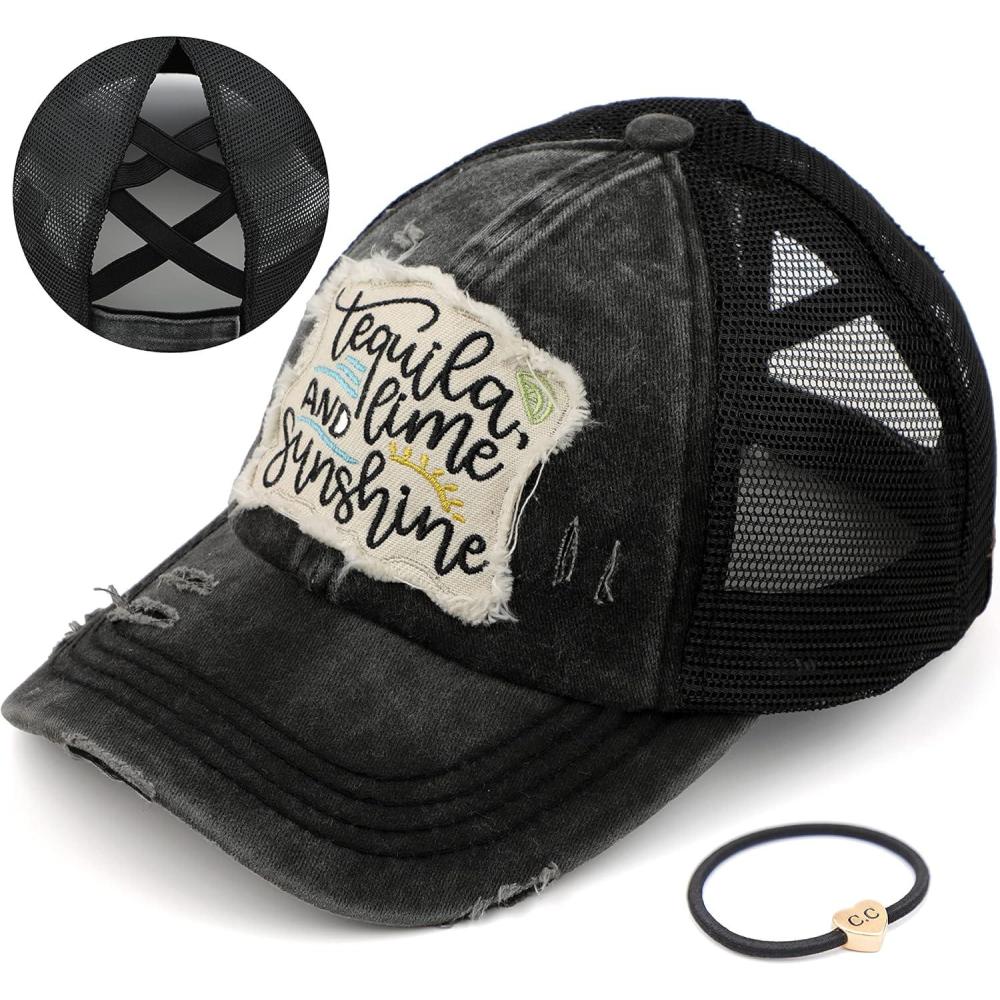 imageCC Exclusives Washed Distressed Embroidered Patch Cotton Denim CrissCross Ponytail Hat Adjustable Baseball CapTequila  Black