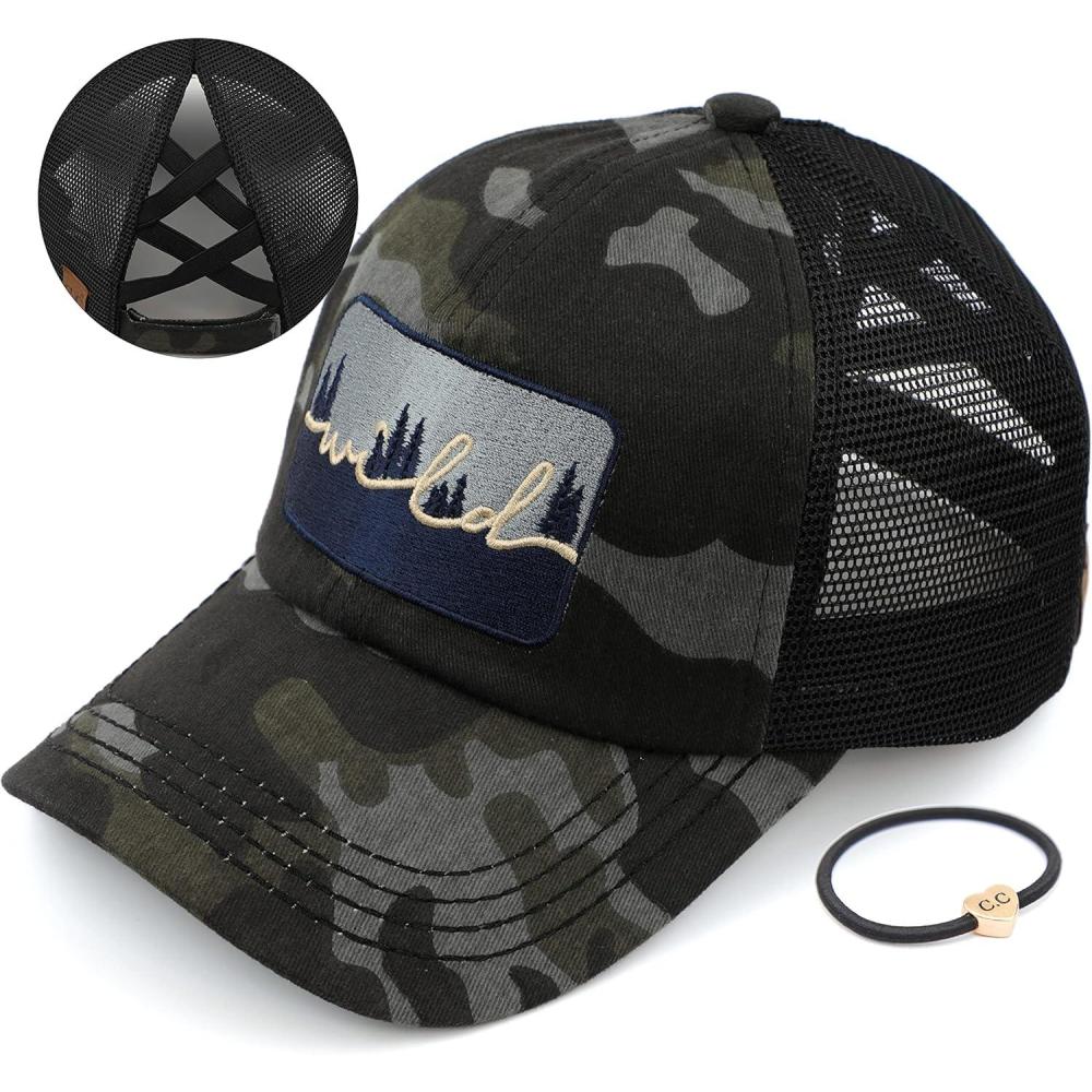 imageCC Exclusives Washed Distressed Embroidered Patch Cotton Denim CrissCross Ponytail Hat Adjustable Baseball CapWild  Black Camo