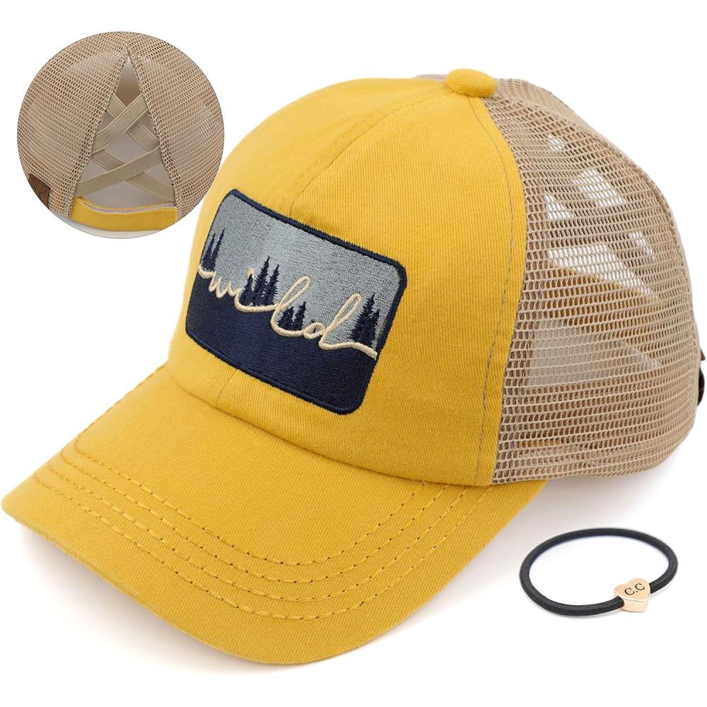 imageCC Exclusives Washed Distressed Embroidered Patch Cotton Denim CrissCross Ponytail Hat Adjustable Baseball CapWild  Mustard