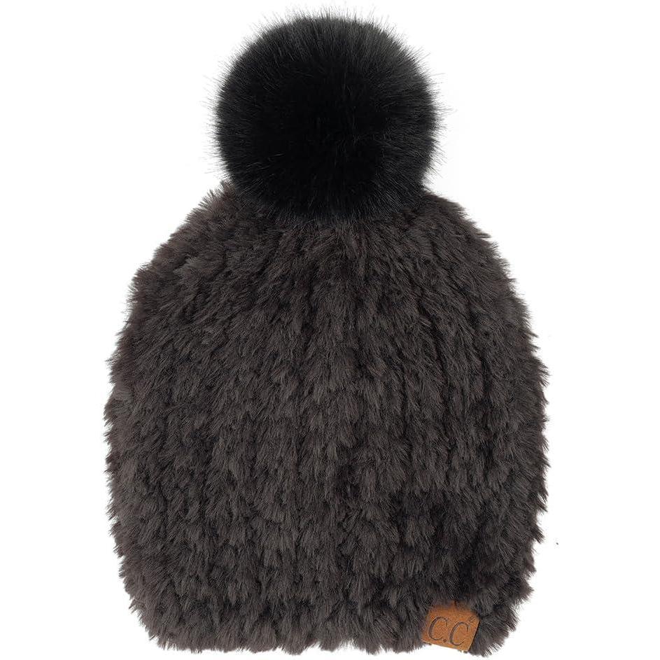imageCC Faux Fur Pom Beanie for Women  Stretchable Soft Warm Knit Winter Skully Hat with Faux Fur PomBlack