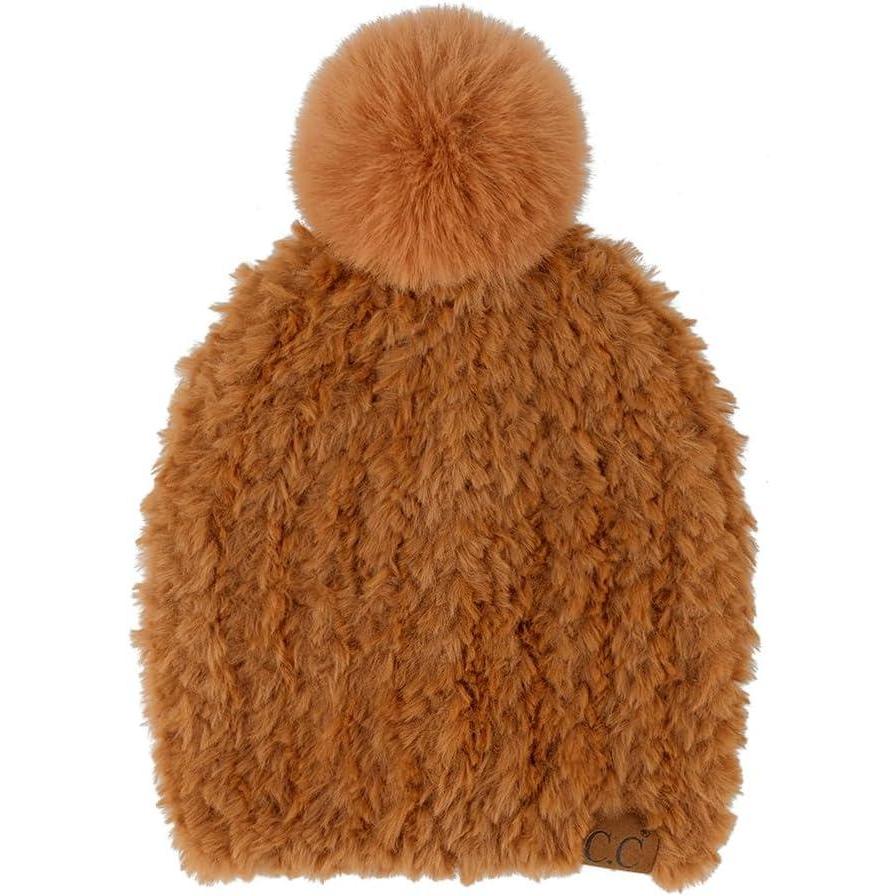 imageCC Faux Fur Pom Beanie for Women  Stretchable Soft Warm Knit Winter Skully Hat with Faux Fur PomChbrown
