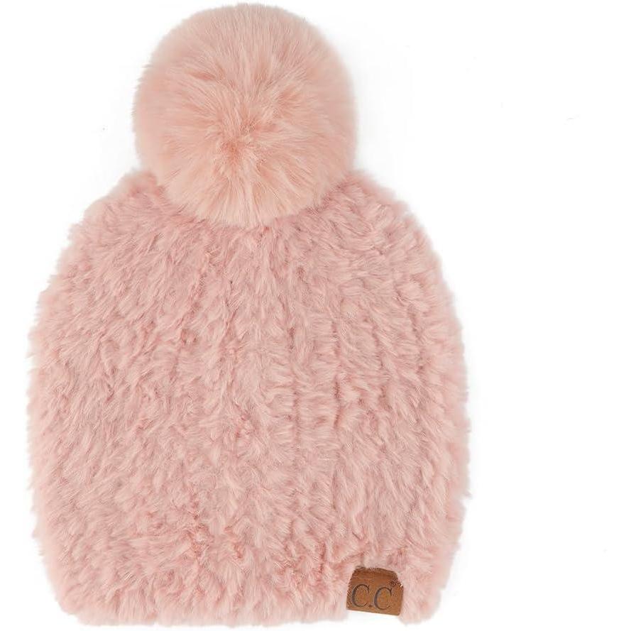 imageCC Faux Fur Pom Beanie for Women  Stretchable Soft Warm Knit Winter Skully Hat with Faux Fur PomRose