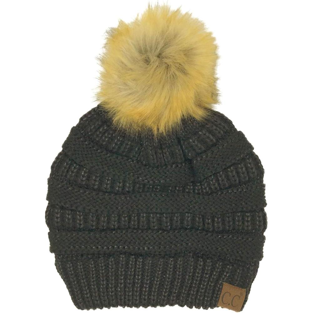 imageCC Fur Pom Winter Fall Trendy Chunky Stretchy Cable Knit Beanie HatMetallic Black