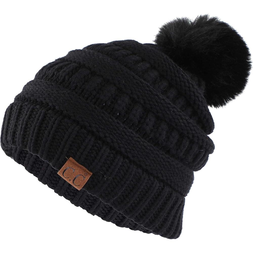 imageCC Fur Pom Winter Fall Trendy Chunky Stretchy Cable Knit Beanie HatSnuggly Soft Black