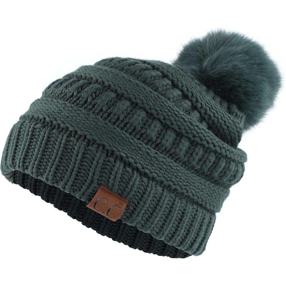 imageCC Fur Pom Winter Fall Trendy Chunky Stretchy Cable Knit Beanie HatSnuggly Soft Teal Green