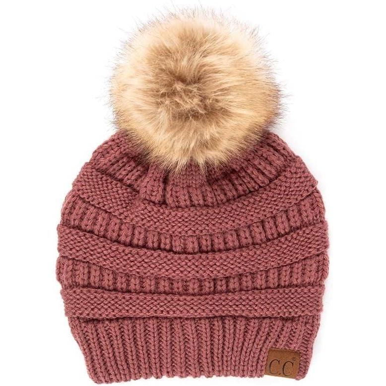 imageCC Fur Pom Winter Fall Trendy Chunky Stretchy Cable Knit Beanie HatSolid Coco Berry