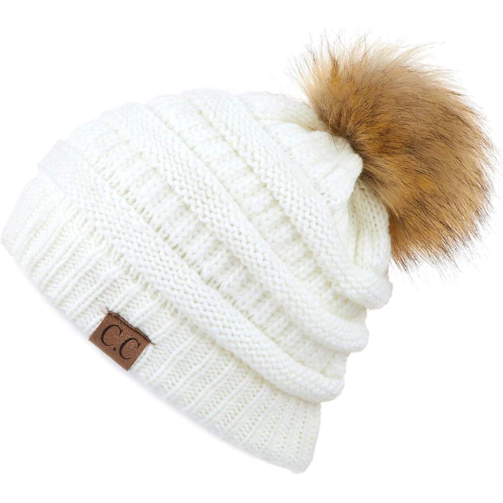 imageCC Fur Pom Winter Fall Trendy Chunky Stretchy Cable Knit Beanie HatSolid Ivory