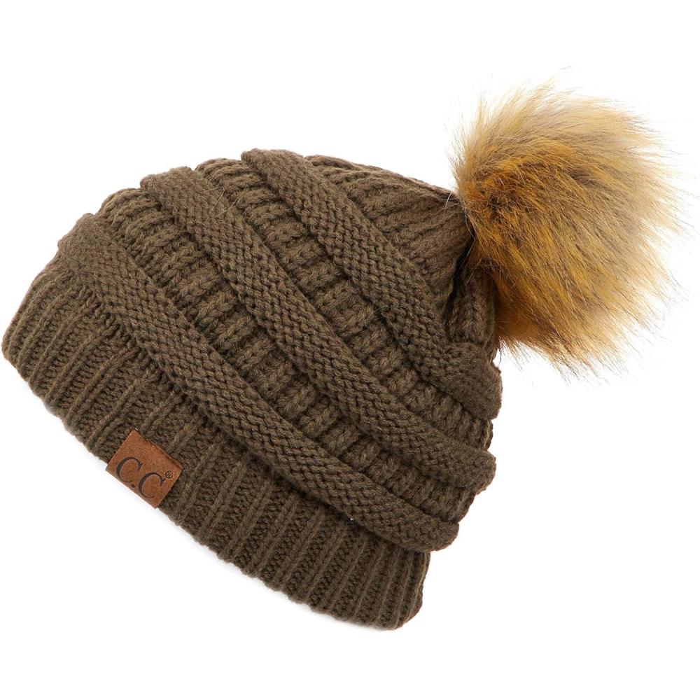 imageCC Fur Pom Winter Fall Trendy Chunky Stretchy Cable Knit Beanie HatSolid New Olive