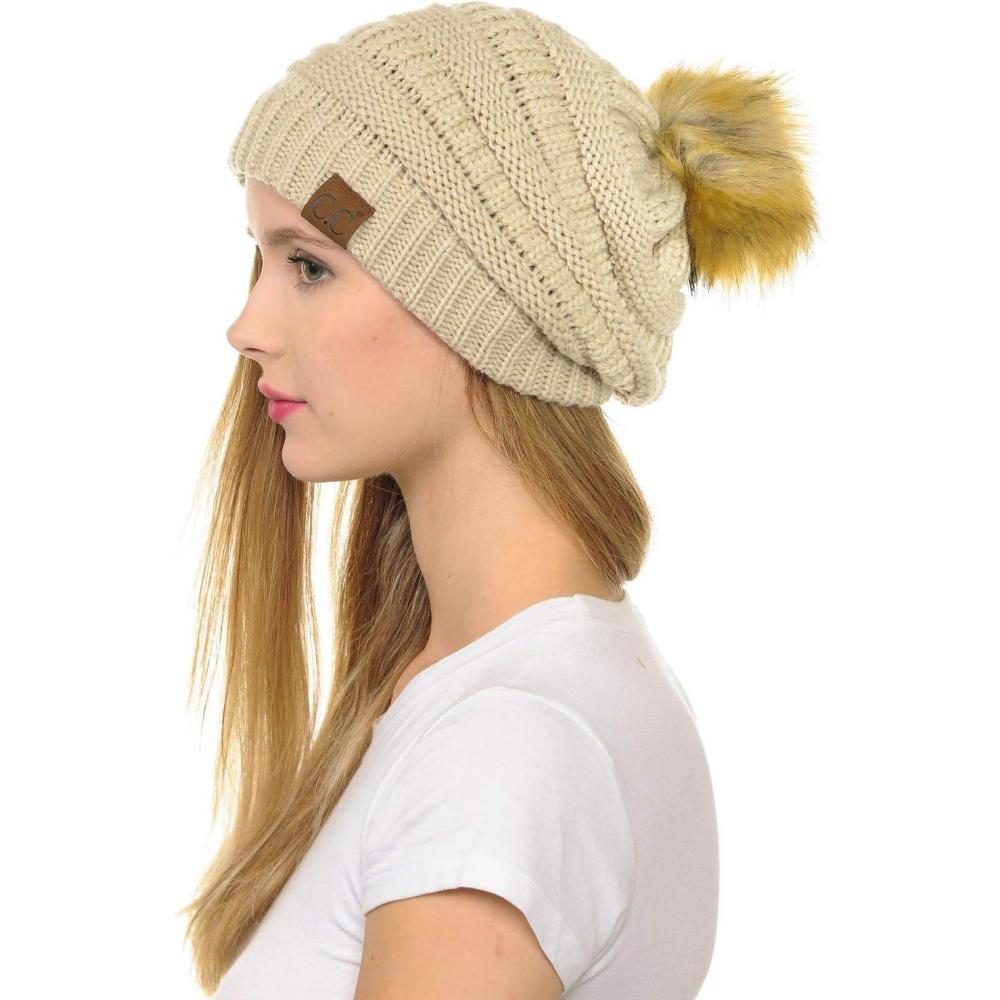 imageCC Hat43 Thick Warm Cap Hat Skully Faux Fur Pom Pom Cable Knit Beanie 2 PackBeige