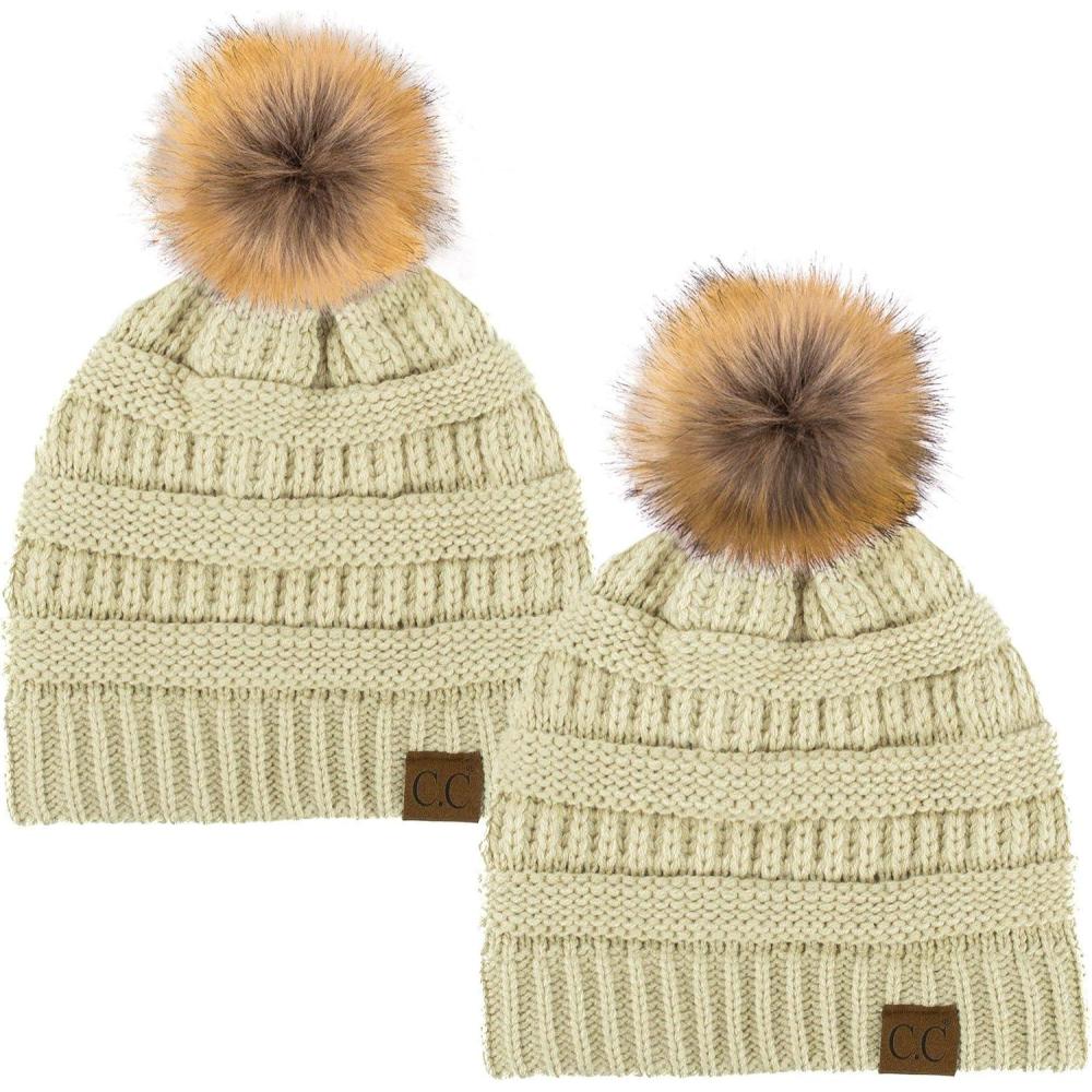 imageCC Hat43 Thick Warm Cap Hat Skully Faux Fur Pom Pom Cable Knit Beanie 2 PackBeigeBeige
