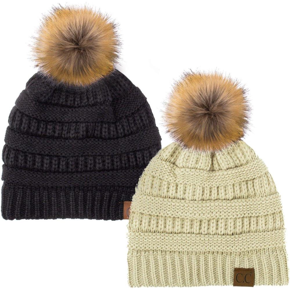 imageCC Hat43 Thick Warm Cap Hat Skully Faux Fur Pom Pom Cable Knit Beanie 2 PackBeigeBlack