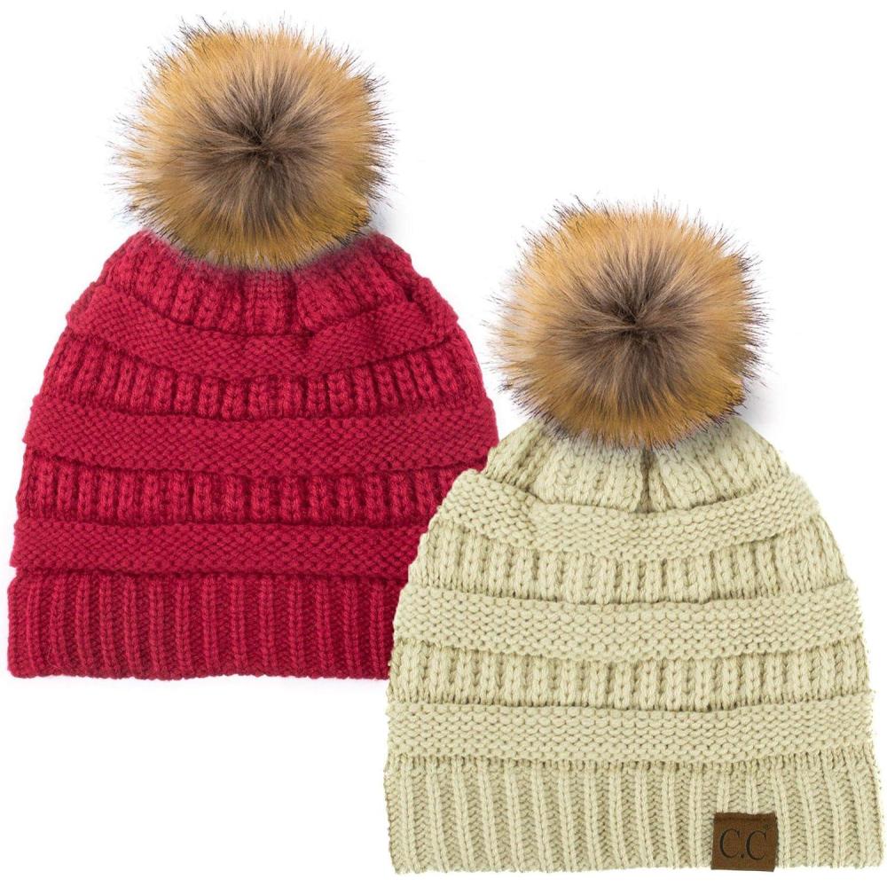 imageCC Hat43 Thick Warm Cap Hat Skully Faux Fur Pom Pom Cable Knit Beanie 2 PackBeigeBurgundy